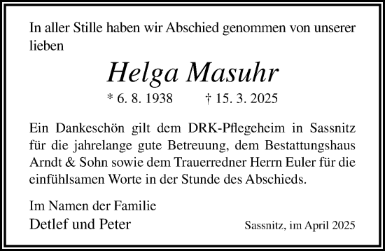 Traueranzeige von Helga Masuhr von Ostsee-Zeitung GmbH