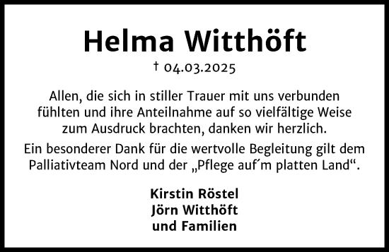 Traueranzeige von Helma Witthöft von Kieler Nachrichten