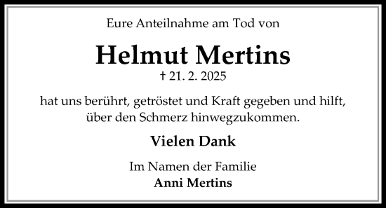 Traueranzeige von Helmut Mertins von Kieler Nachrichten