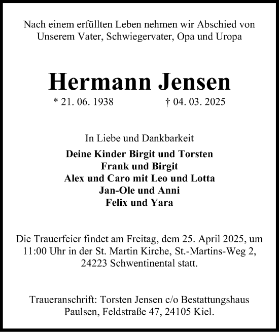 Traueranzeige von Hermann Jensen von Kieler Nachrichten