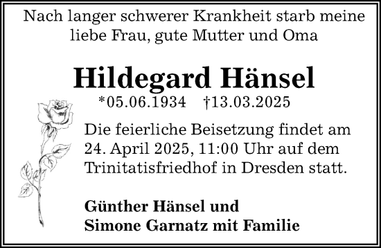 Traueranzeige von Hildegard Hänsel von Sächsische Zeitung