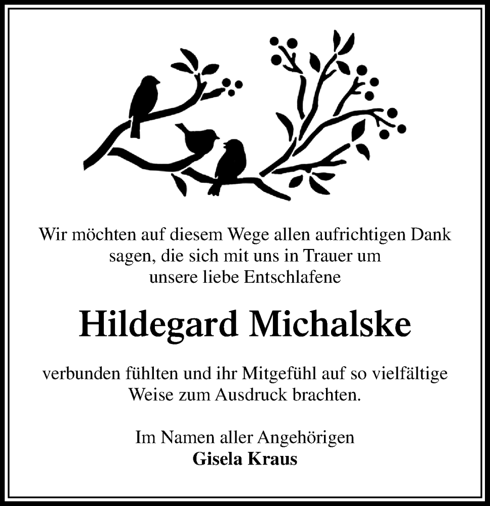  Traueranzeige für Hildegard Michalske vom 26.04.2025 aus Peiner Allgemeine Zeitung