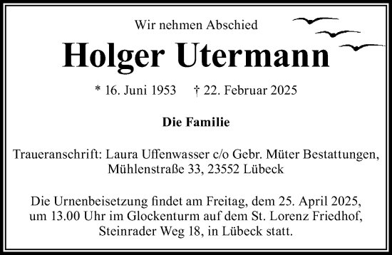 Traueranzeige von Holger Utermann von Lübecker Nachrichten