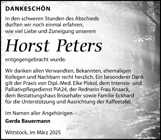 Traueranzeige von Horst Peters von Wochenspiegel