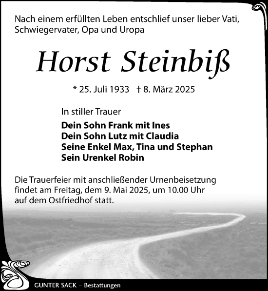 Traueranzeige von Horst Steinbiß von Leipziger Volkszeitung