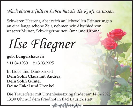 Traueranzeige von Ilse Fliegner von Leipziger Volkszeitung