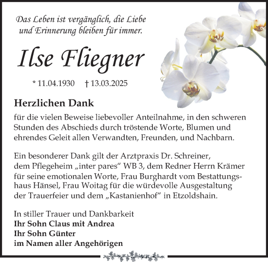 Traueranzeige von Ilse Fliegner von Leipziger Volkszeitung