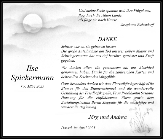 Traueranzeige von Ilse Spickermann von Täglicher Anzeiger Holzminden