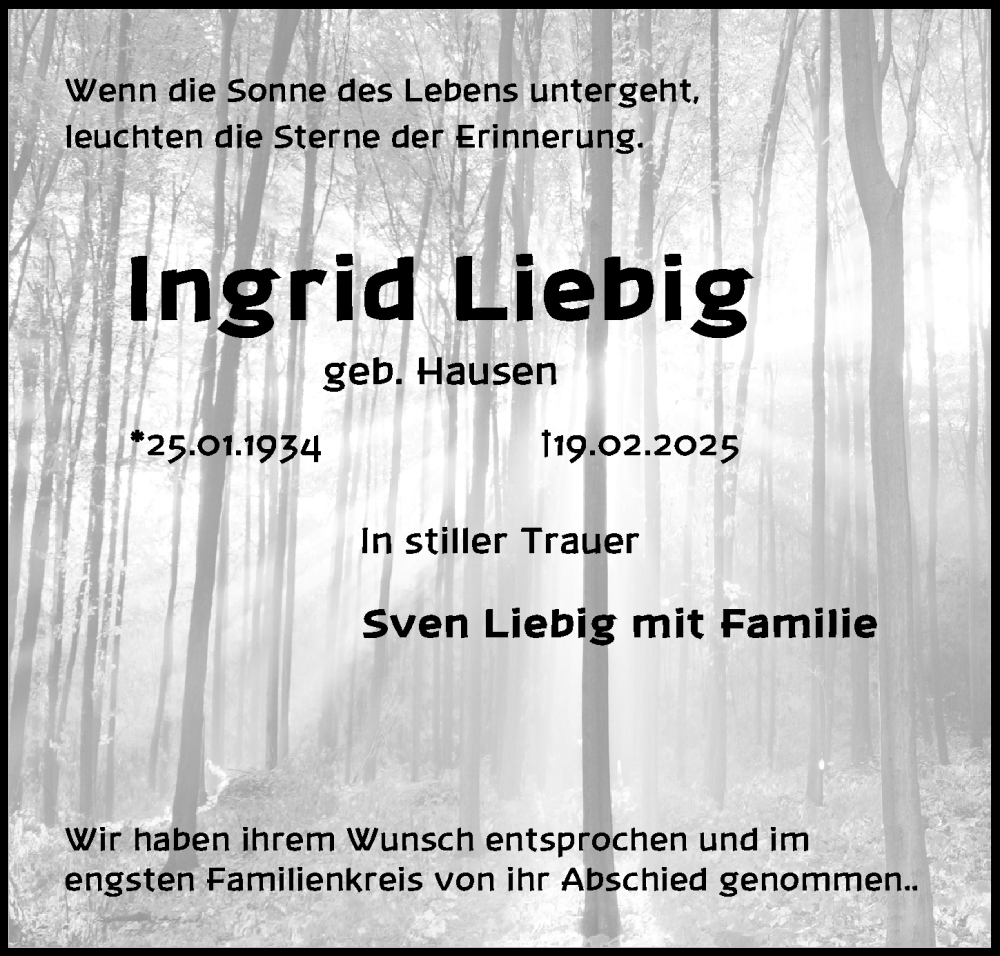  Traueranzeige für Ingrid Liebig vom 12.04.2025 aus Märkischen Allgemeine Zeitung