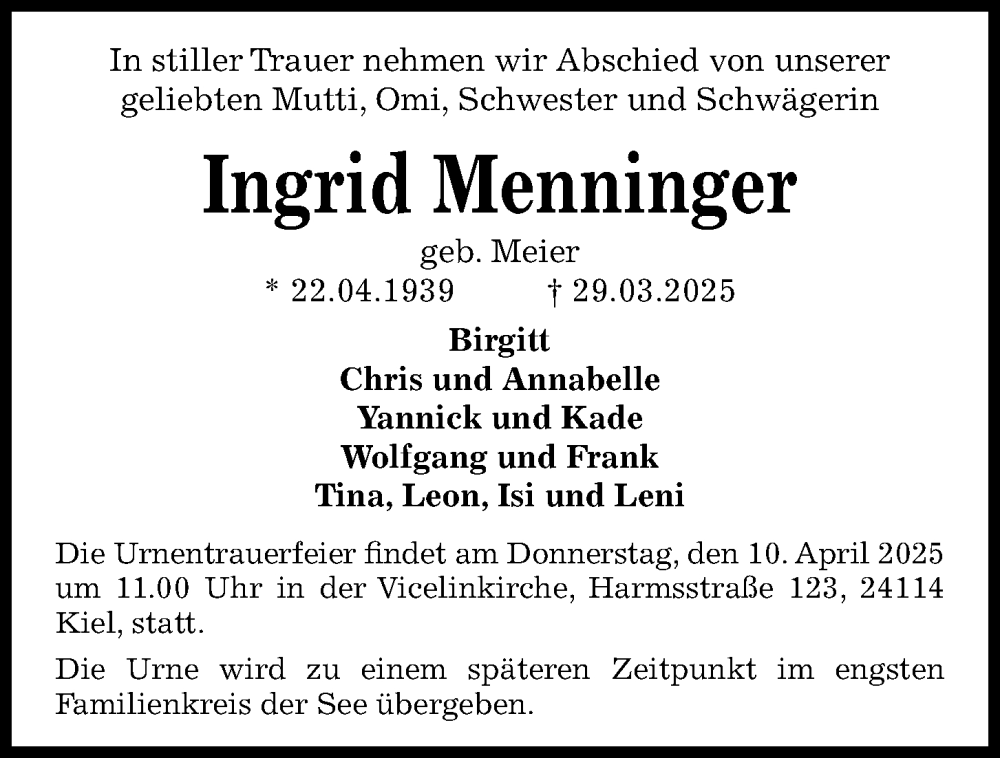  Traueranzeige für Ingrid Menninger vom 05.04.2025 aus Kieler Nachrichten