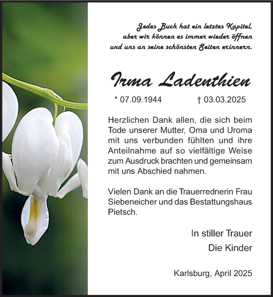 Traueranzeige von Irma Ladenthien von Ostsee-Zeitung GmbH