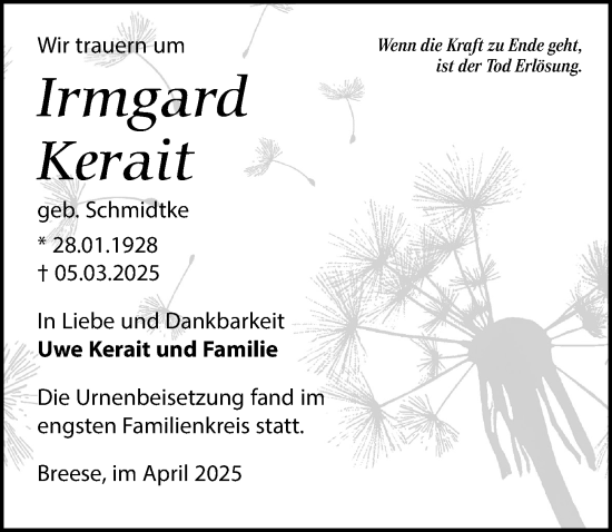 Traueranzeige von Irmgard Kerait von Wochenspiegel