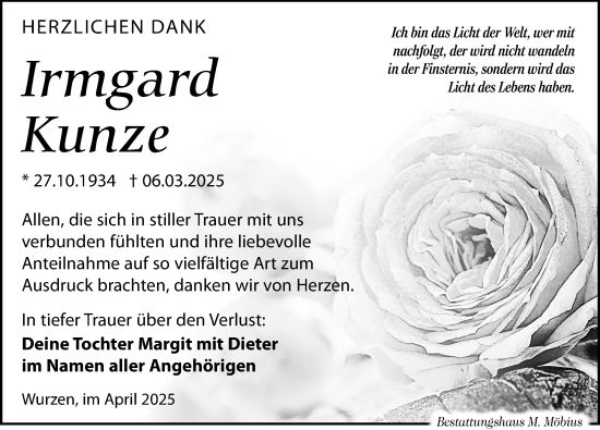 Traueranzeige von Irmgard Kunze von Leipziger Volkszeitung
