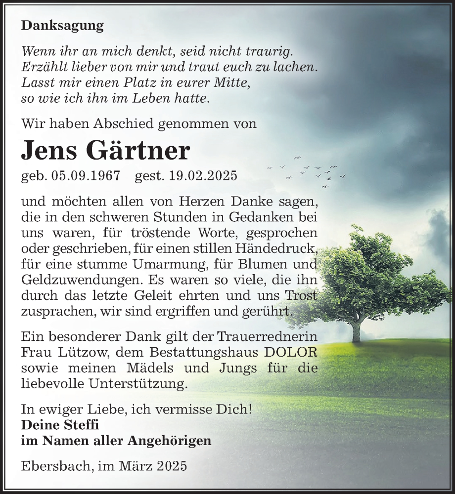  Traueranzeige für Jens Gärtner vom 19.04.2025 aus Sächsische Zeitung