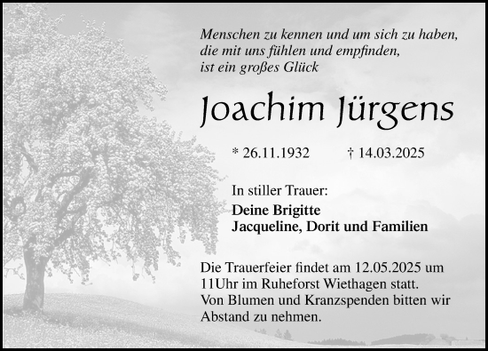 Traueranzeige von Joachim Jürgens von Ostsee-Zeitung GmbH