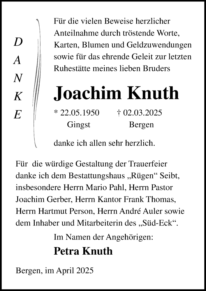  Traueranzeige für Joachim Knuth vom 26.04.2025 aus Ostsee-Zeitung GmbH