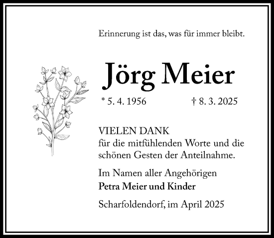 Traueranzeige von Jörg Meier von Täglicher Anzeiger Holzminden