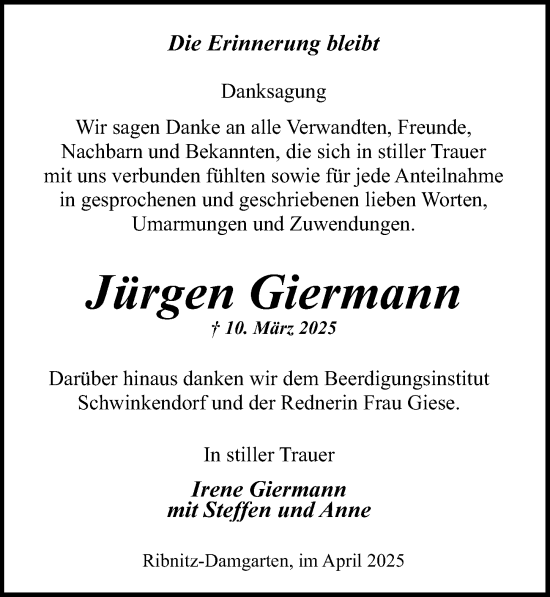 Traueranzeige von Jürgen Giermann von Ostsee-Zeitung GmbH