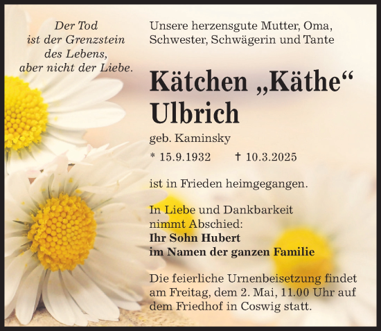 Traueranzeige von Kätchen Ulbrich von Sächsische Zeitung