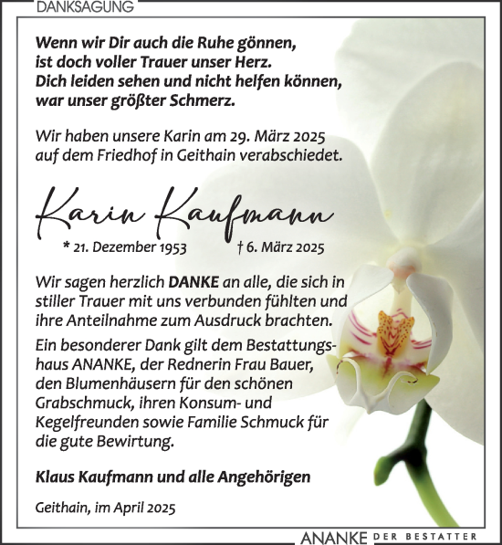 Traueranzeige von Karin Kaufmann von Leipziger Volkszeitung