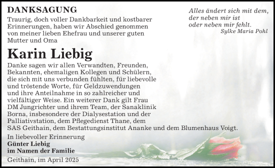 Traueranzeige von Karin Liebig von Leipziger Volkszeitung