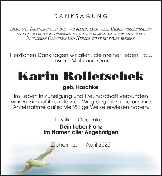 Traueranzeige von Karin Rolletschek von Leipziger Volkszeitung