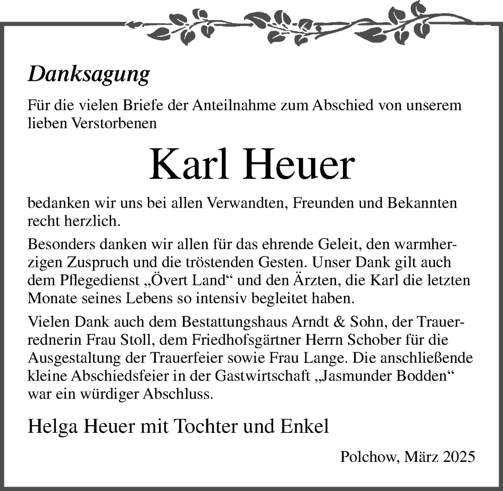  Traueranzeige für Karl Heuer vom 05.04.2025 aus Ostsee-Zeitung GmbH