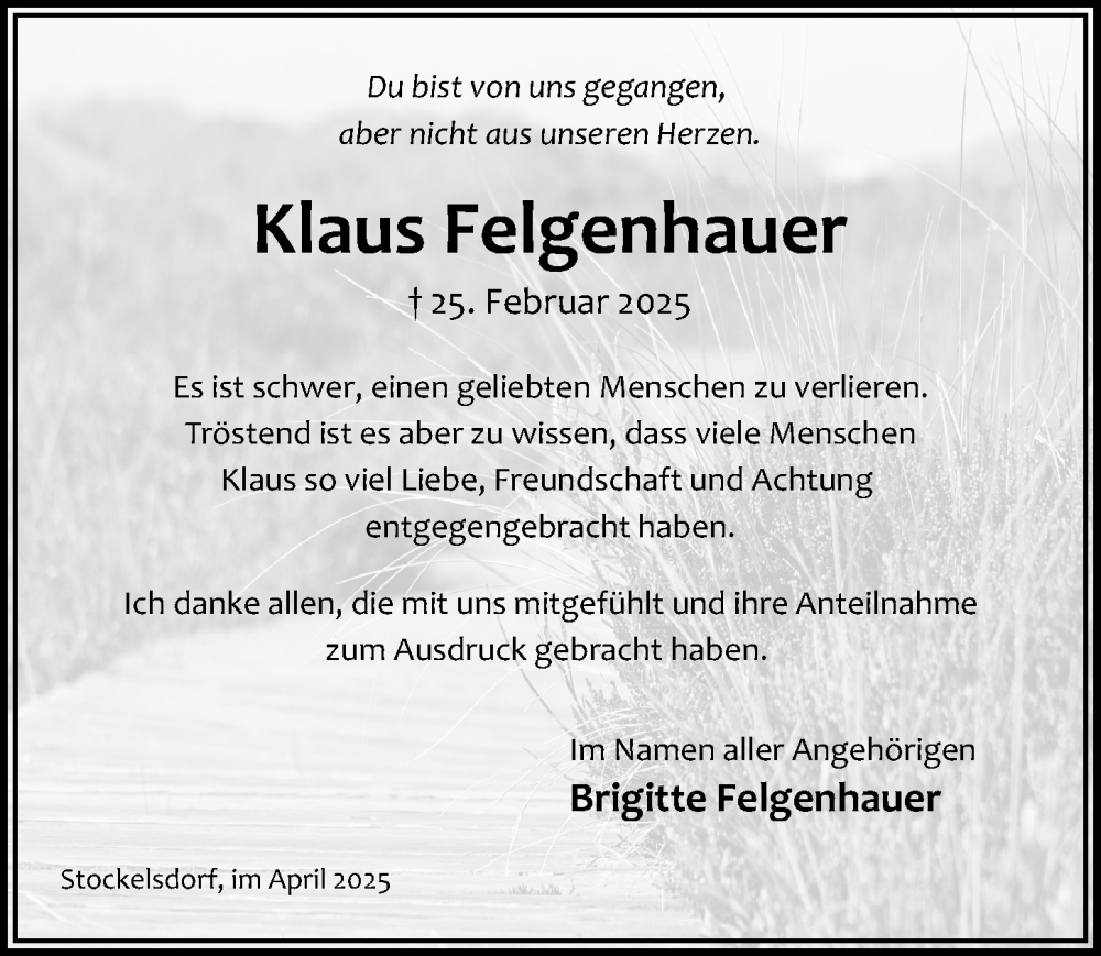 Traueranzeige für Klaus Felgenhauer vom 06.04.2025 aus Lübecker Nachrichten