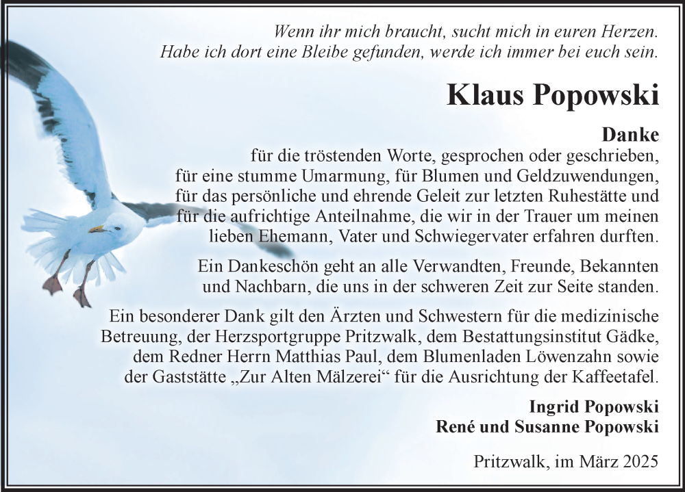  Traueranzeige für Klaus Popowski vom 12.04.2025 aus Wochenspiegel