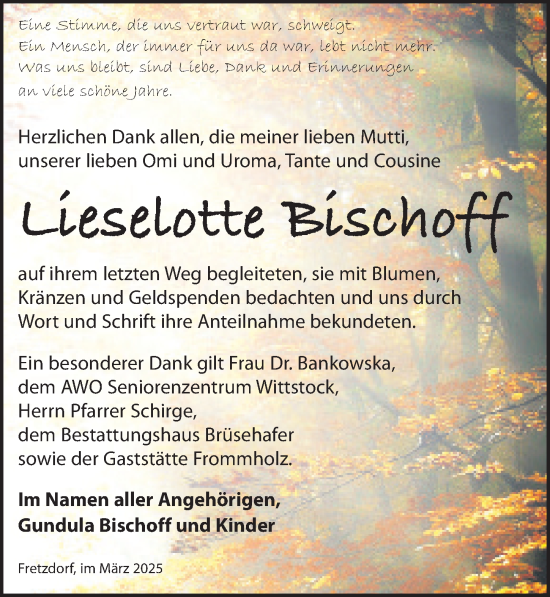 Traueranzeige von Lieselotte Bischoff von Wochenspiegel