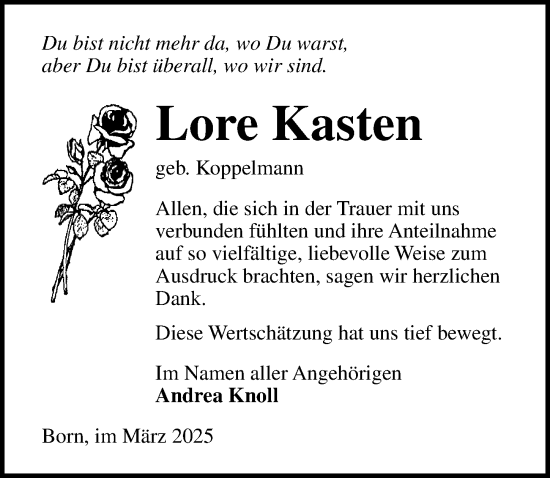 Traueranzeige von Lore Kasten von Ostsee-Zeitung GmbH