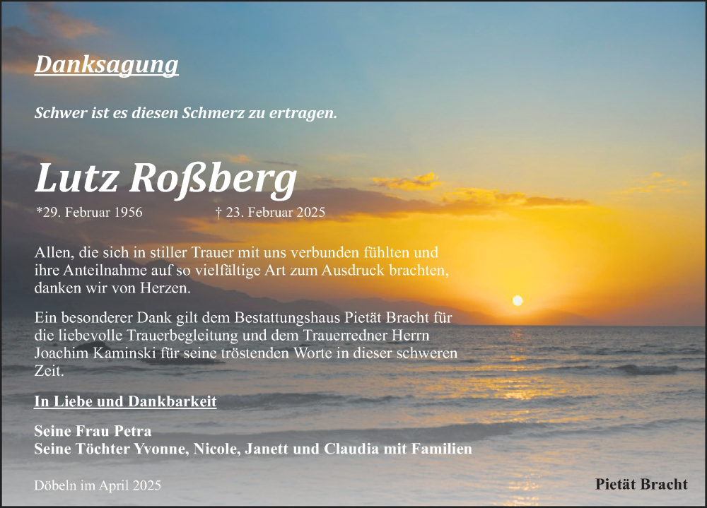  Traueranzeige für Lutz Roßberg vom 12.04.2025 aus Sächsische Zeitung