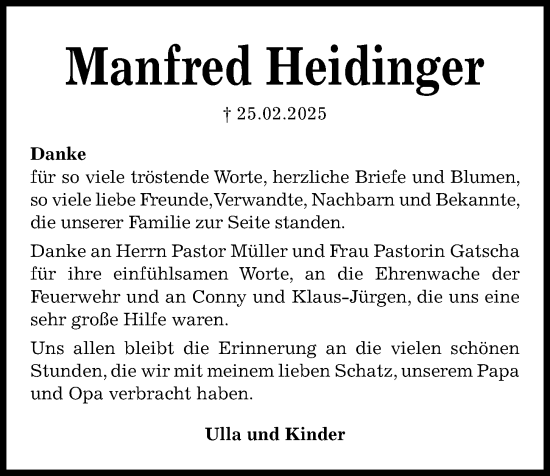 Traueranzeige von Manfred Heidinger von Kieler Nachrichten