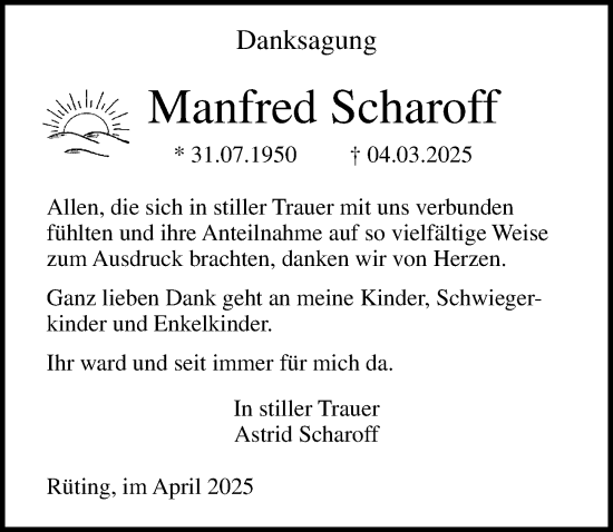 Traueranzeige von Manfred Scharoff von Ostsee-Zeitung GmbH