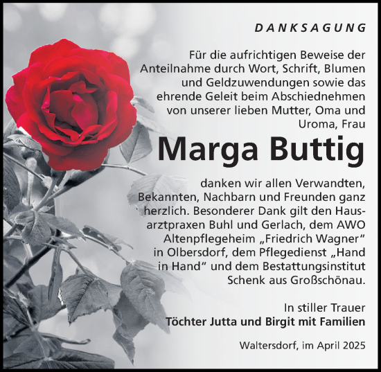 Traueranzeige von Marga Buttig von Sächsische Zeitung
