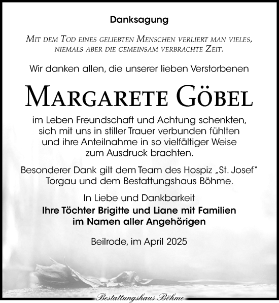 Traueranzeige von Margarete Göbel von Torgauer Zeitung