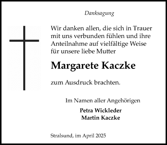 Traueranzeige von Margarete Kaczke von Ostsee-Zeitung GmbH