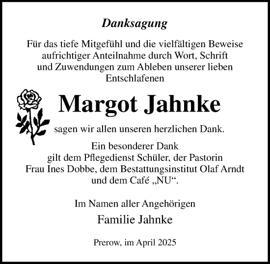 Traueranzeige von Margot Jahnke von Ostsee-Zeitung GmbH