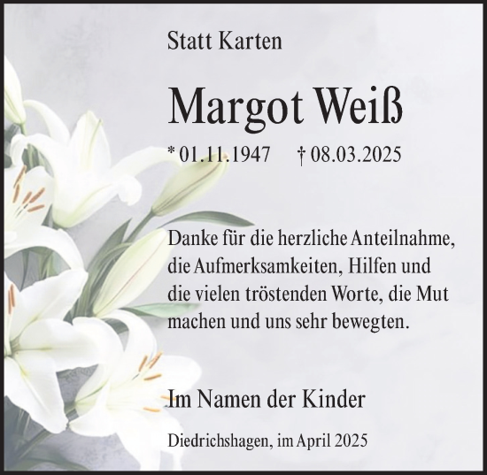Traueranzeige von Margot Weiß von Ostsee-Zeitung GmbH