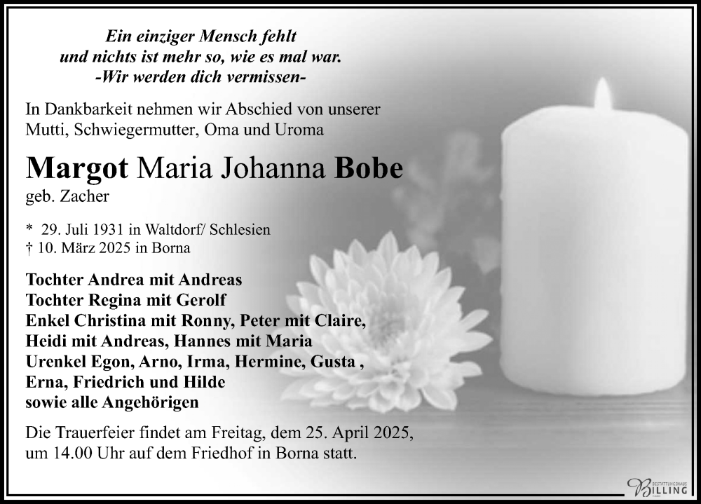  Traueranzeige für Margot Maria Johanna Bobe vom 12.04.2025 aus Sächsische Zeitung