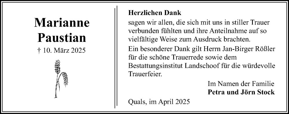  Traueranzeige für Marianne Paustian vom 09.04.2025 aus Lübecker Nachrichten