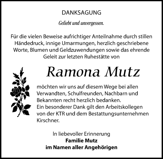 Traueranzeige von Ramona Mutz von Sächsische Zeitung