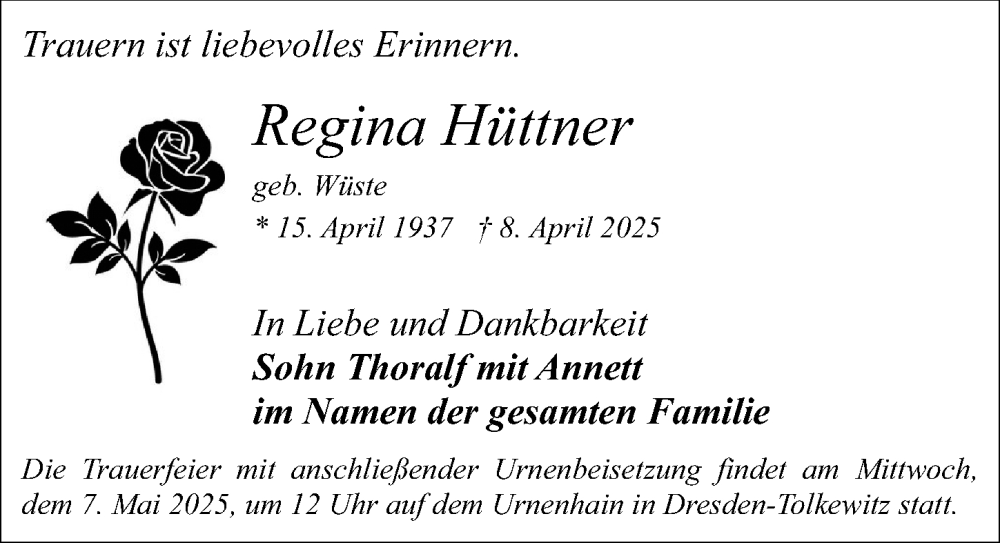  Traueranzeige für Regina Hüttner vom 12.04.2025 aus Sächsische Zeitung