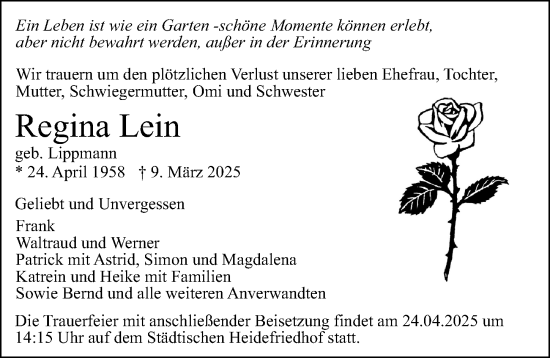 Traueranzeige von Regina Lein von Sächsische Zeitung