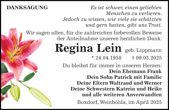 Traueranzeige von Regina Lein von Sächsische Zeitung