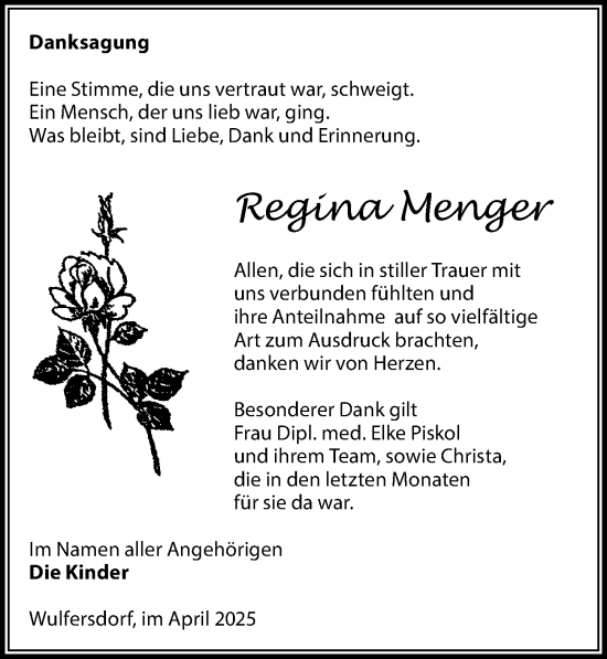 Traueranzeige von Regina Menger von Wochenspiegel