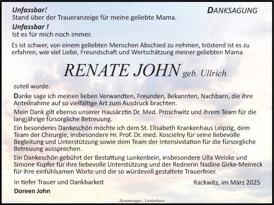 Traueranzeige von Renate John von Leipziger Volkszeitung