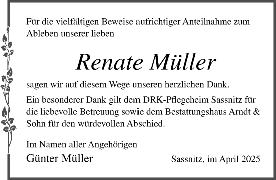 Traueranzeige von Renate Müller von Ostsee-Zeitung GmbH