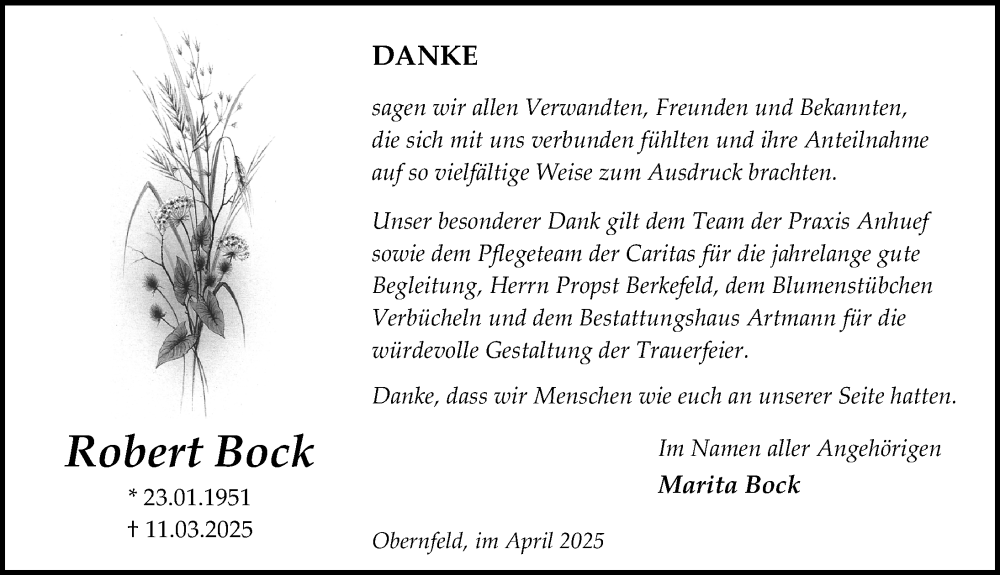  Traueranzeige für Robert Bock vom 19.04.2025 aus Eichsfelder Tageblatt