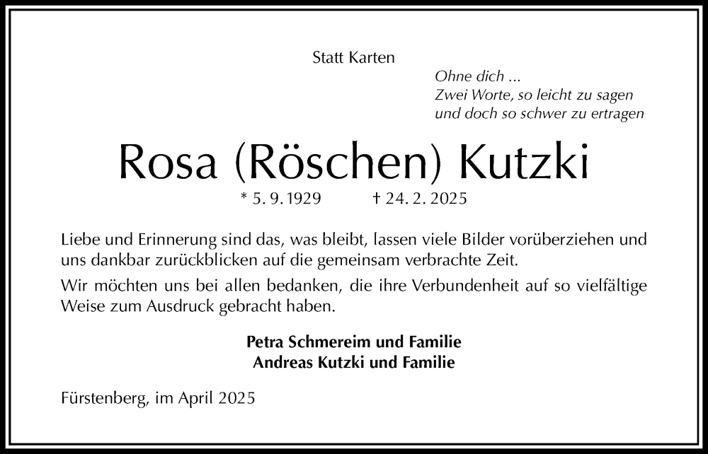  Traueranzeige für Rosa Kutzki vom 05.04.2025 aus Täglicher Anzeiger Holzminden